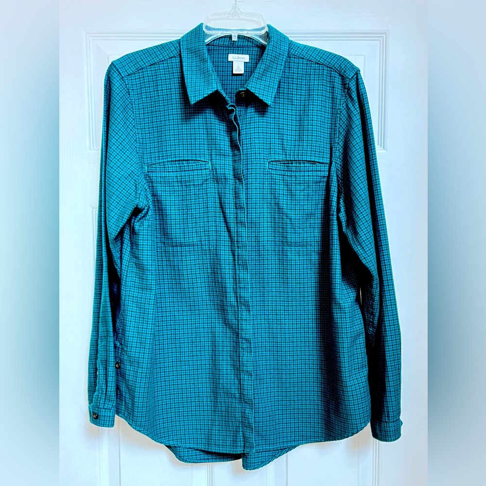 L.L.Bean Vintage Flannel Micro Plaid Teal Blue Large Women’s Shirt Shacket
